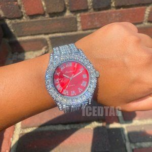 Ice Out Red Dial White Gold PT Luxury Celeb Style Bling Bling Men's Watch